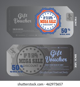 Gift voucher vector illustration to increase sales on gradient gray background with labels.