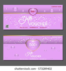 Gift voucher. Vector, illustration. Pink background with hearts.