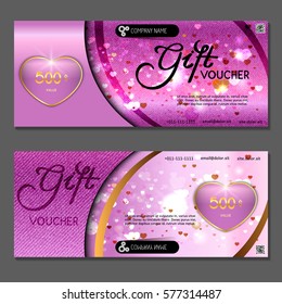 Gift voucher. Vector, illustration. Pink background Valentine's Day with hearts.