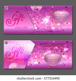 Gift voucher. Vector, illustration. Pink background Valentine's Day with hearts.