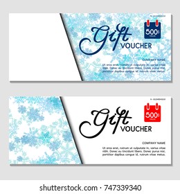 Gift voucher. Vector, illustration.Template for discount card, coupon, corporate certificate, ticket.  Background for a Happy New Year and Merry Christmas. Blue.
