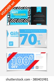 Gift voucher vector set. Sale voucher vector illustration. Store voucher with text. Shop voucher promotion. Restaurant voucher vector background. Voucher for print. Discount voucher design.