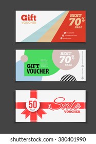 Gift voucher vector set. Sale voucher vector illustration. Store voucher with text. Shop voucher promotion. Restaurant voucher vector background. Voucher for print. Discount voucher design.