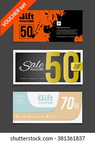 Gift voucher vector set. Sale voucher vector illustration. Store voucher with text. Shop voucher promotion. Restaurant voucher vector background. Voucher for print. Discount voucher design.