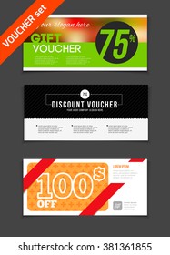 Gift voucher vector set. Sale voucher vector illustration. Store voucher with text. Shop voucher promotion. Restaurant voucher vector background. Voucher for print. Discount voucher design.