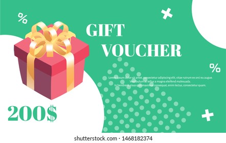 Gift voucher. Vector template with gift box and white graphic elements on green background.
