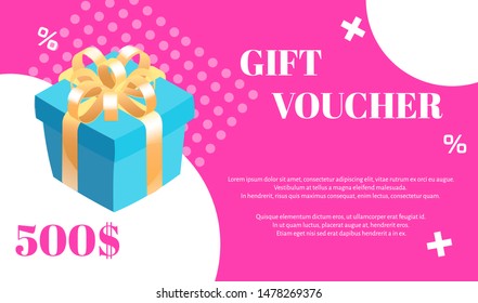 Gift voucher. Vector template with gift box and white graphic elements on pink background.