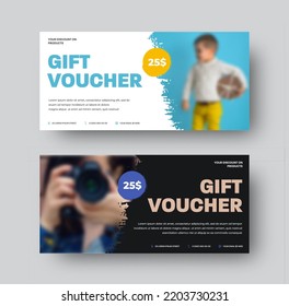 Gift voucher vector template, with brush stroke element, certificate creative design on white, black background, with photo. Set of discounts, product promotion, with yellow, blue circles and 25$