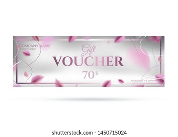 Gift voucher vector template design. Abstract creative floral background with pink leaves and silver color rich elegant decoration