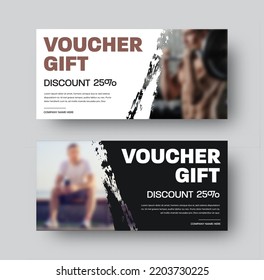 Gift voucher vector template, with diagonal design, brush stroke, on white, black background, with photo, for product promotion. Certificate set, 25% discount, with information about the company