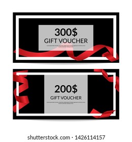 Gift voucher vector templates with red ribbon. Illustration of voucher gift, red card coupon, certificate award discount