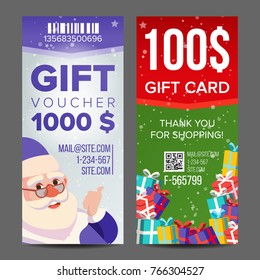 Gift Voucher. Vertical Coupon. Merry Christmas. Happy New Year. Santa Claus And Gifts. Shopping Advertisement. Business Gift Illustration