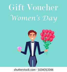 Gift voucher for Womens Day advertisement. Man in tuxedo with big bouquet of roses and pink diamond vector illustration.