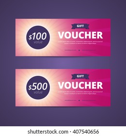 Gift vouchers with 100 and 500 dollars value. Sunlight background with rays. Vector illustration for print or web project.