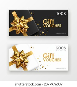 Gift vouchers gift box golden ribbon, black and white paper concept design collections background, EPS 10 vector illustration