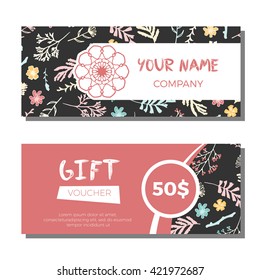 Gift vouchers with floral background. Vector illustration. Wildflowers, moss and berries on dark background. Gift coupons with freehand pattern