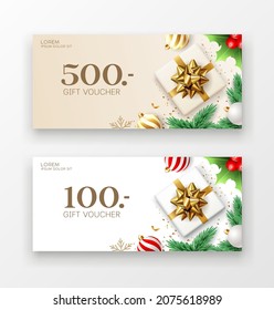 Gift vouchers golden ribbon gift box and merry Christmas ornament, design collections background, EPS 10 vector illustration