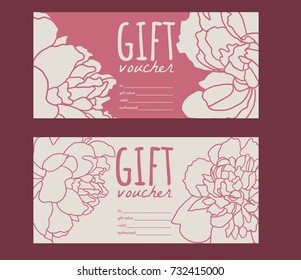 a gift vouchers with hand drawn elements; creative vector banners with peonies;  design concept for gift coupon, invitation, certificate, flyer, ticket.