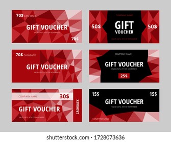 Gift vouchers with red polygonal elements. Collection of modern abstract coupon templates with sample text. Standard scaled size: 210*99 mm (8,3*3,4 in). Vector illustration.