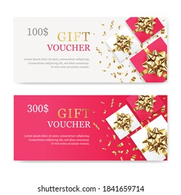 Gift Vouchers with red and white boxes, golden bow and confetti. Design template coupon, invitation, certificate, flyer, ticket. Vector illustration.