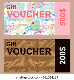 Gift Vouchers. Set of templates for certificates cards with Memphis style backgrounds. 1980s-1990s motifs. White, pink, beige.