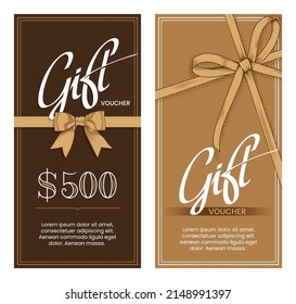 Gift Vouchers Templates With Bow Ribbons In Golden And Chocolate Colors. Design Concept For Gift Coupon, Invitation, Certificate, Flyer, Ticket. Stock Vector Illustration.