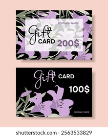 Gift vouchers templates with lily flowers. Business floral cards template. Abstract background. Concept for boutique, jewelry, beauty salon, spa, flyer, banner design.