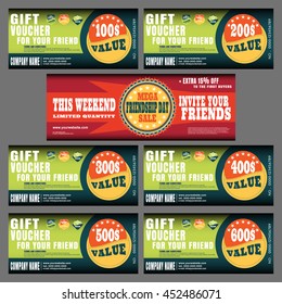 Gift vouchers vector collection with labels for the mega sales on Friendship Day.