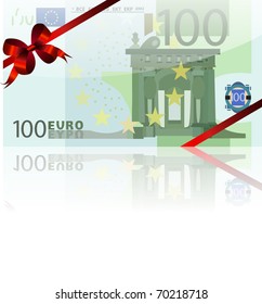 gift wad of 100 euro with a red ribbon