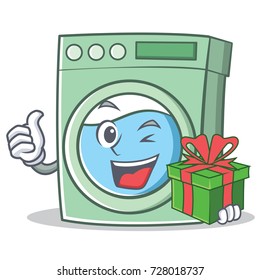 With gift washing machine character cartoon