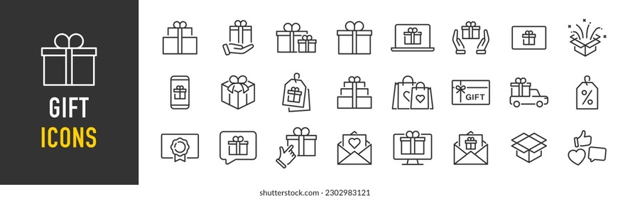 Gift web icons in line style. Bonus, award, prize, discount, birthday, gift box, collection. Vector illustration.