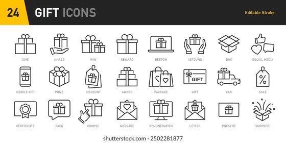 Gift web icons in line style. Bonus, award, prize, discount, birthday, gift box, collection. Vector illustration.