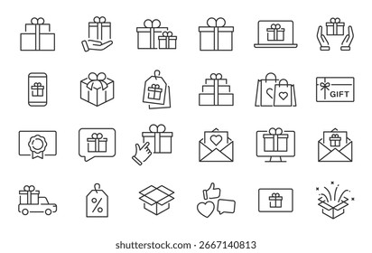 Gift web icons in line style. Bonus, award, prize, discount, birthday, gift box, collection. Vector illustration.	