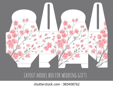 Gift wedding favor box template with nature pattern - abstract vector floral pattern sakura cherry blossom