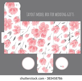 Gift wedding favor box template with nature pattern - abstract vector floral pattern sakura cherry blossom