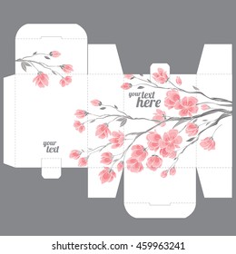 Gift wedding favor die box design template with nature pattern - abstract vector nature pattern with gentle sakura flowers