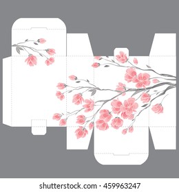 Gift wedding favor die box design template with nature pattern - abstract vector nature pattern with gentle sakura flowers