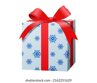 Caja blanca de regalo. Envasado con arco rojo para el presente. Año Nuevo o Navidad envuelto con copos de nieve. Sorpresa para vacaciones tradicionales de invierno, pancarta o afiche. Ilustración vectorial isométrica de dibujos animados