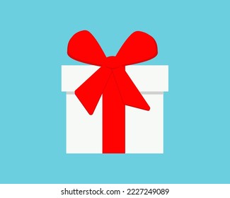 Gift in a white box with a red bow on a blue background. Christmas.