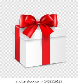 Gift white box with red ribbon isolated on transparent background, realistic 3d style. Vector illustration
