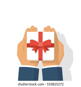 Gift White Box With Red Ribbon And Bow In Hands Of Men. Holding In Palms Gift-box. Vector Illustration Flat Design. Giving, Receiving Surprise. Isolated On White Background.