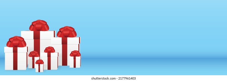Gift white boxes with red bows on a blue background. Mock up for holiday, anniversary, wedding, posters, banners, flyers, brochures, new year, Christmas.