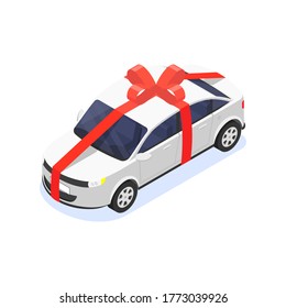 Gift white car with a red ribbon on a white background. Special car loan offer. Win a car in the lottery. Vector isometric illustration.