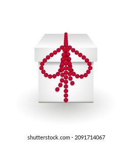 Regalo en una caja blanca cerrada con un arco de perlas brillantes. Ilustración vectorial, diseño realista, eps 10.