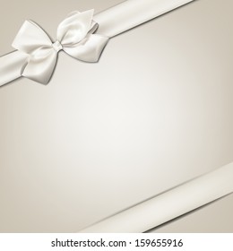 Gift white ribbon with bow over beige background. Vector illustration. 