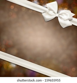 Gift white ribbon with bow over defocused background. Vector illustration. 