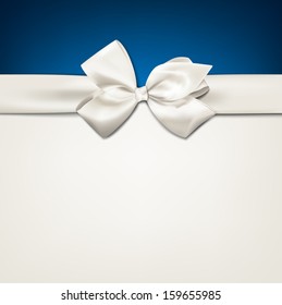 Gift white ribbon with bow over blue and beige background. Vector illustration. 