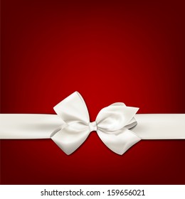 Gift white ribbon with bow over red background. Vector illustration.