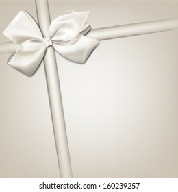 Gift white ribbon with bow over beige background. Vector illustration.