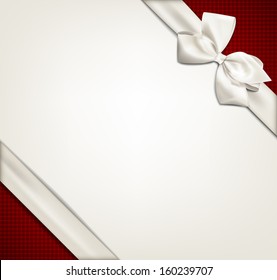 Gift white ribbon with bow over red and beige background. Vector illustration. 
